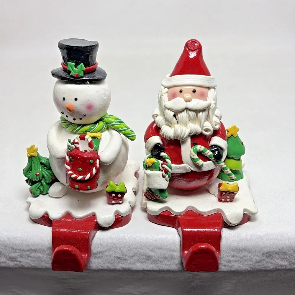 Vintage Claydough Set of 2 Santa Claus Snowman Stocking Holders Christmas Metal